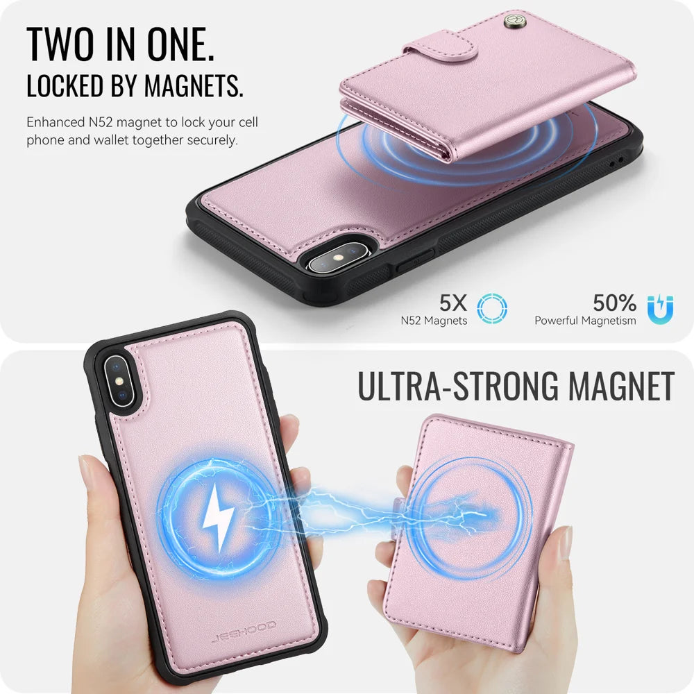 JEEHOOD For iPhone XS 5.8 inch / iPhone X Case  J09 RFID Blocking Card Holder Leather Back Phone Cover Compatible with MagSafe - Pink - 7