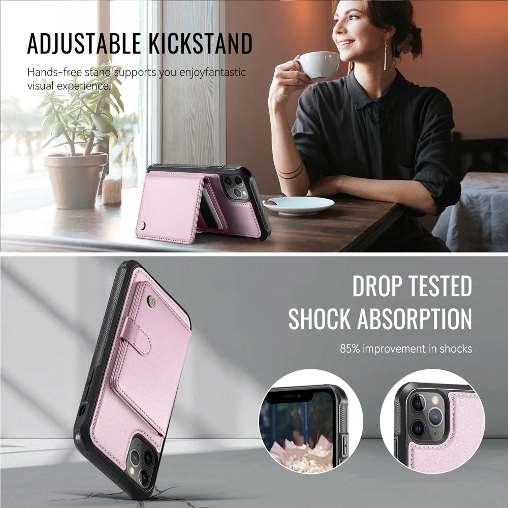 JEEHOOD For iPhone 12 Pro Max 6.7 inch Case  J09 RFID Blocking Card Holder Leather Back Phone Cover Compatible with MagSafe - Pink - 4