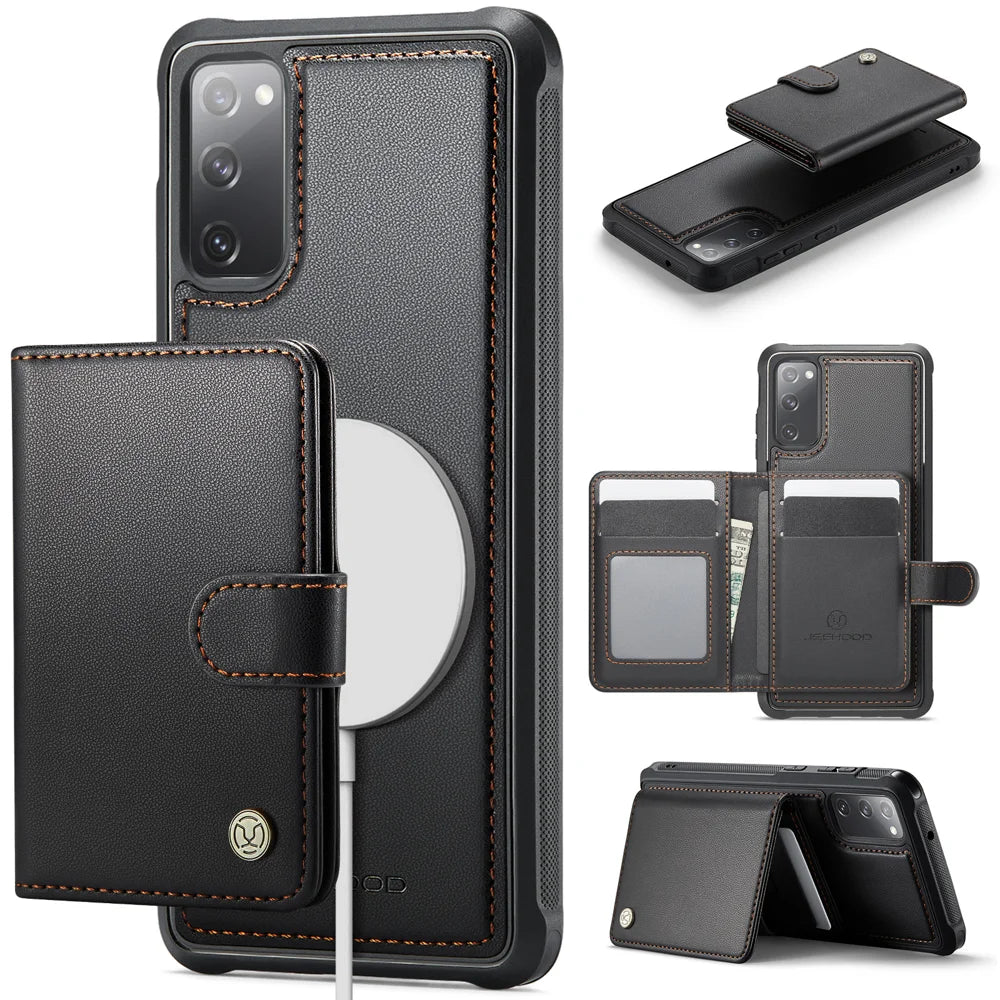 JEEHOOD For Samsung Galaxy S20 FE Case  J09 RFID Blocking Card Holder Leather Back Phone Cover Magnetic Case - Black - 1