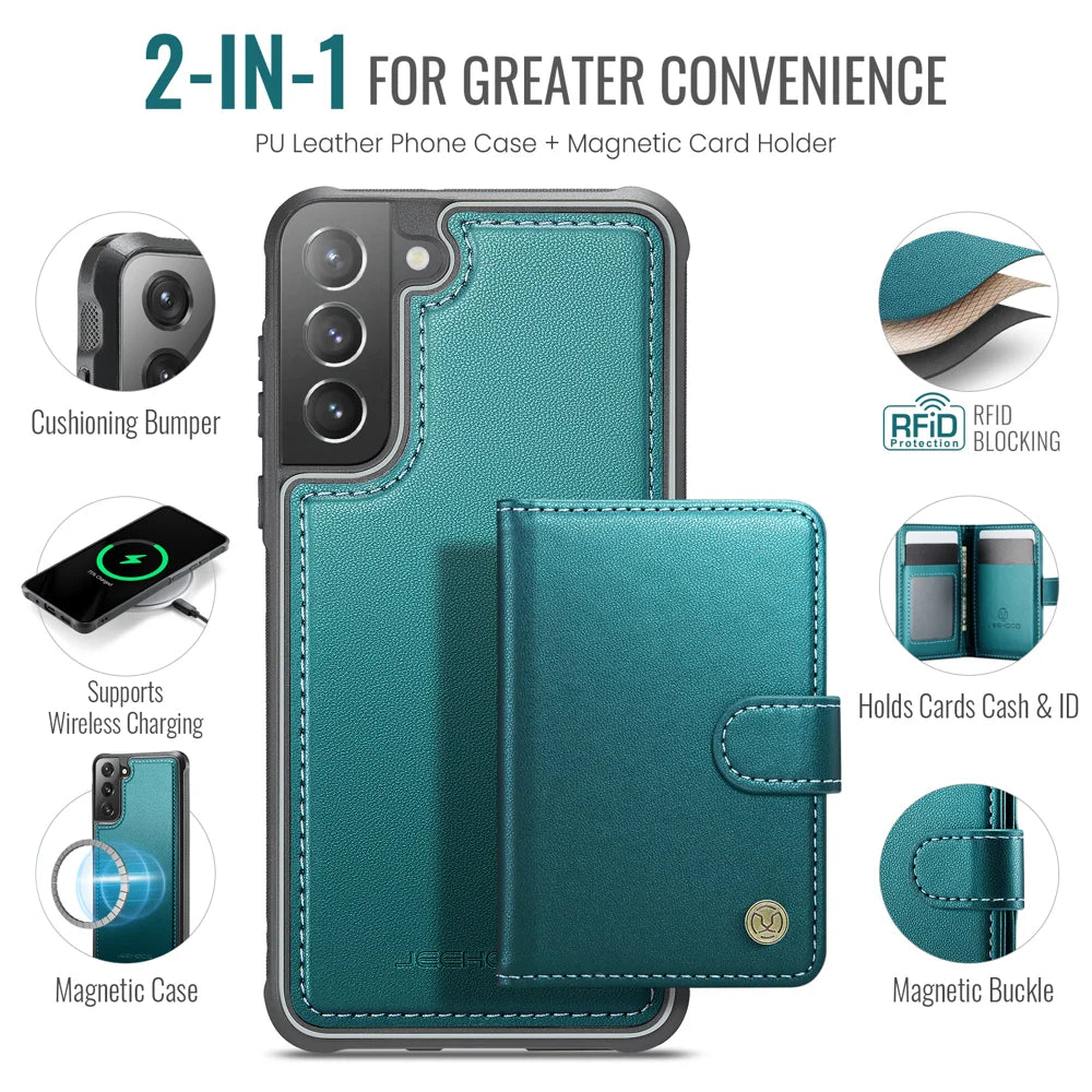 JEEHOOD For Samsung Galaxy S21 4G Case  J09 RFID Blocking Card Holder Leather Back Phone Cover Magnetic Case - Green - 2