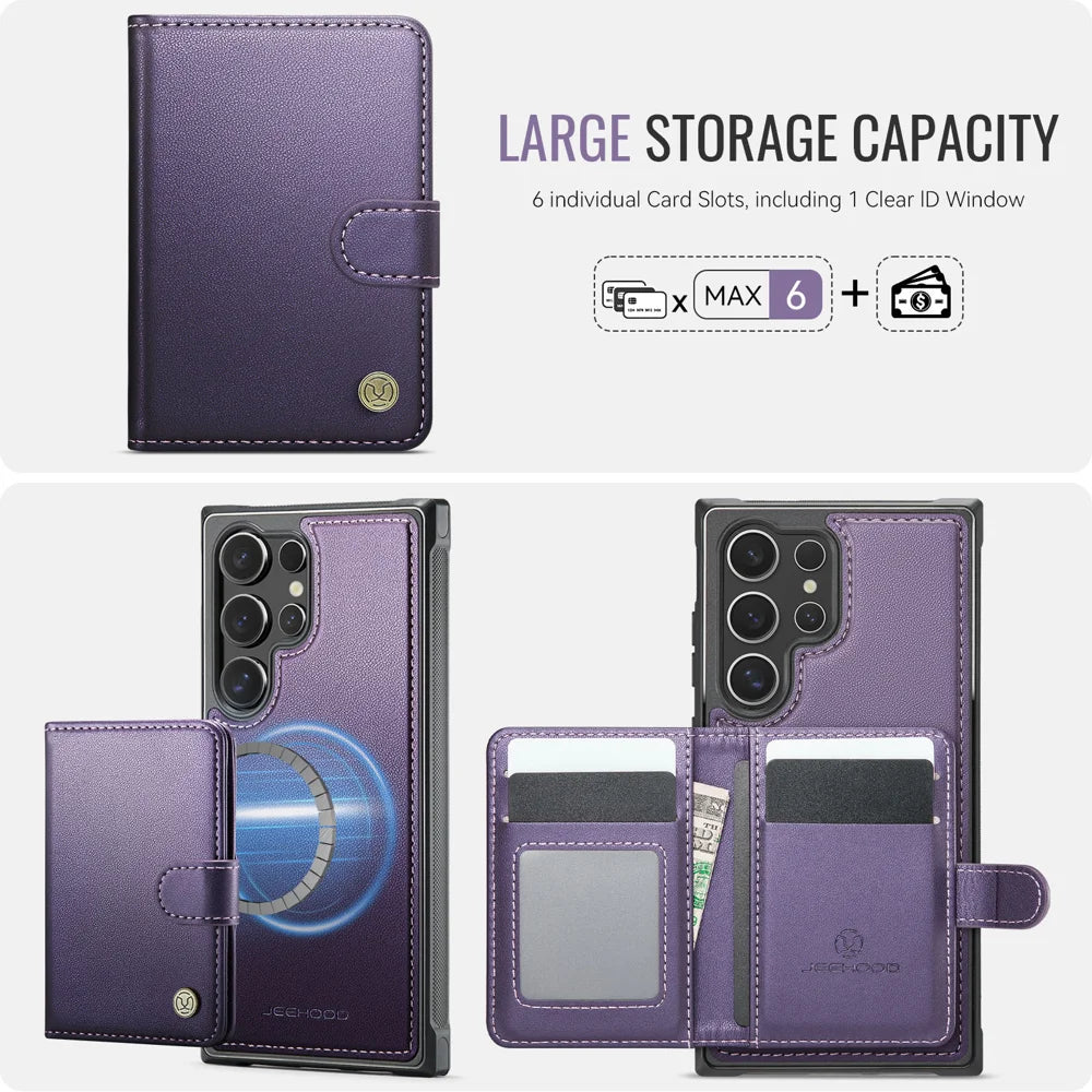 JEEHOOD For Samsung Galaxy S23 Ultra Case  J09 RFID Blocking Card Holder Leather Back Phone Cover Magnetic Case - Purple - 3