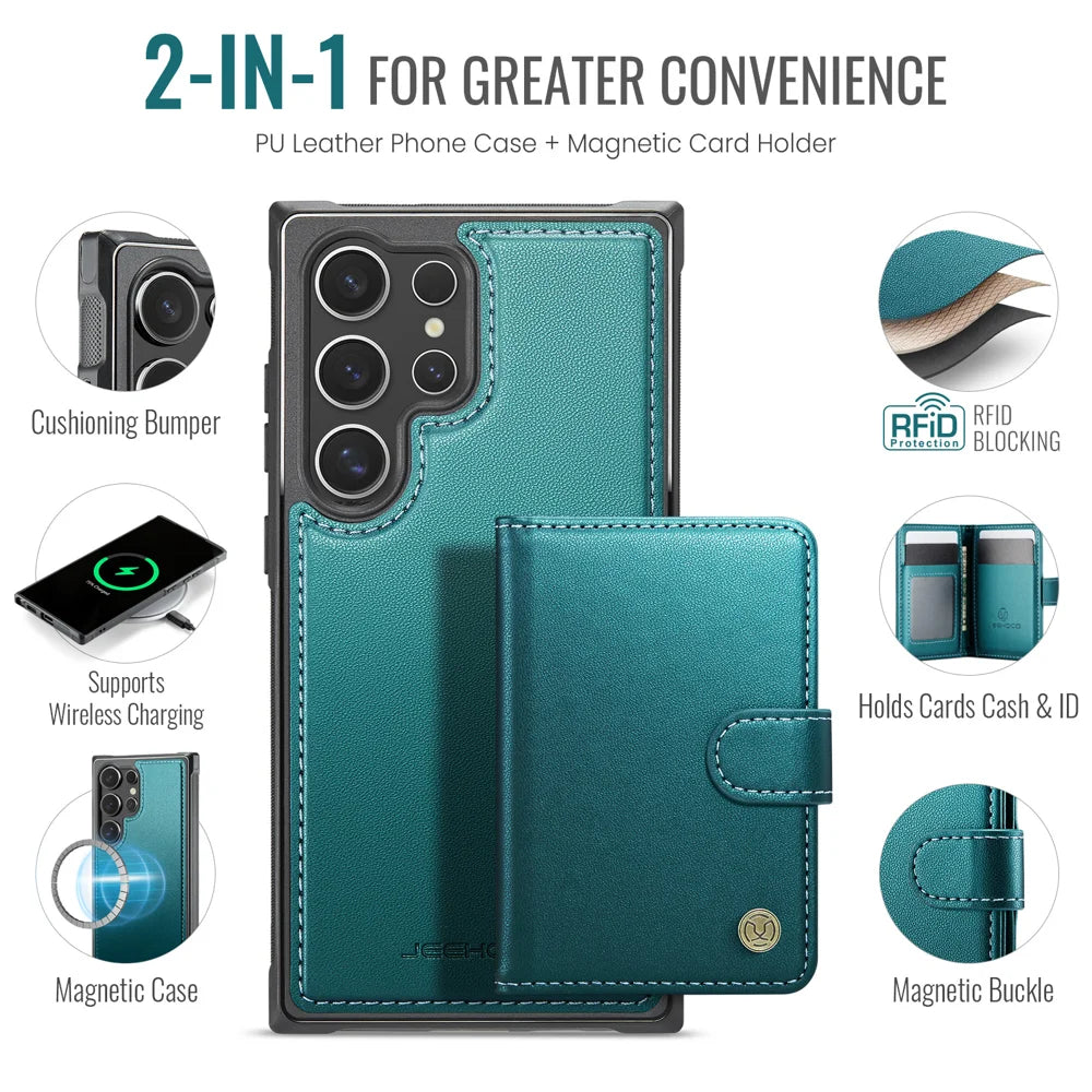 JEEHOOD For Samsung Galaxy S25 Ultra Case  J09 RFID Blocking Card Holder Leather Back Phone Cover Magnetic Case - Green - 2