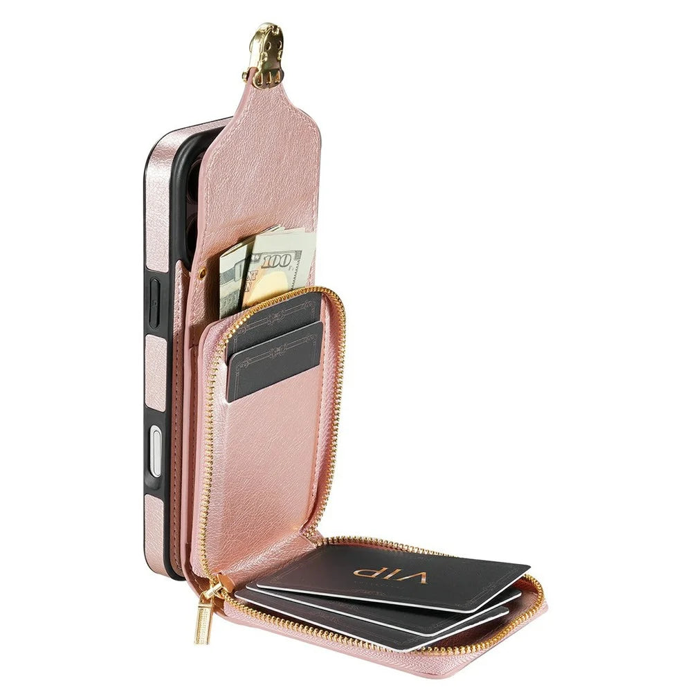 For iPhone 18 Pro Max / 17 Pro Max Case Zipper Wallet Leather + TPU Phone Cover with Strap - Rose Gold - 2
