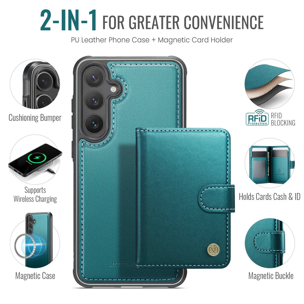 JEEHOOD For Samsung Galaxy S25 FE Case  J09 RFID Blocking Card Holder Leather Back Phone Cover Magnetic Case - Green - 2