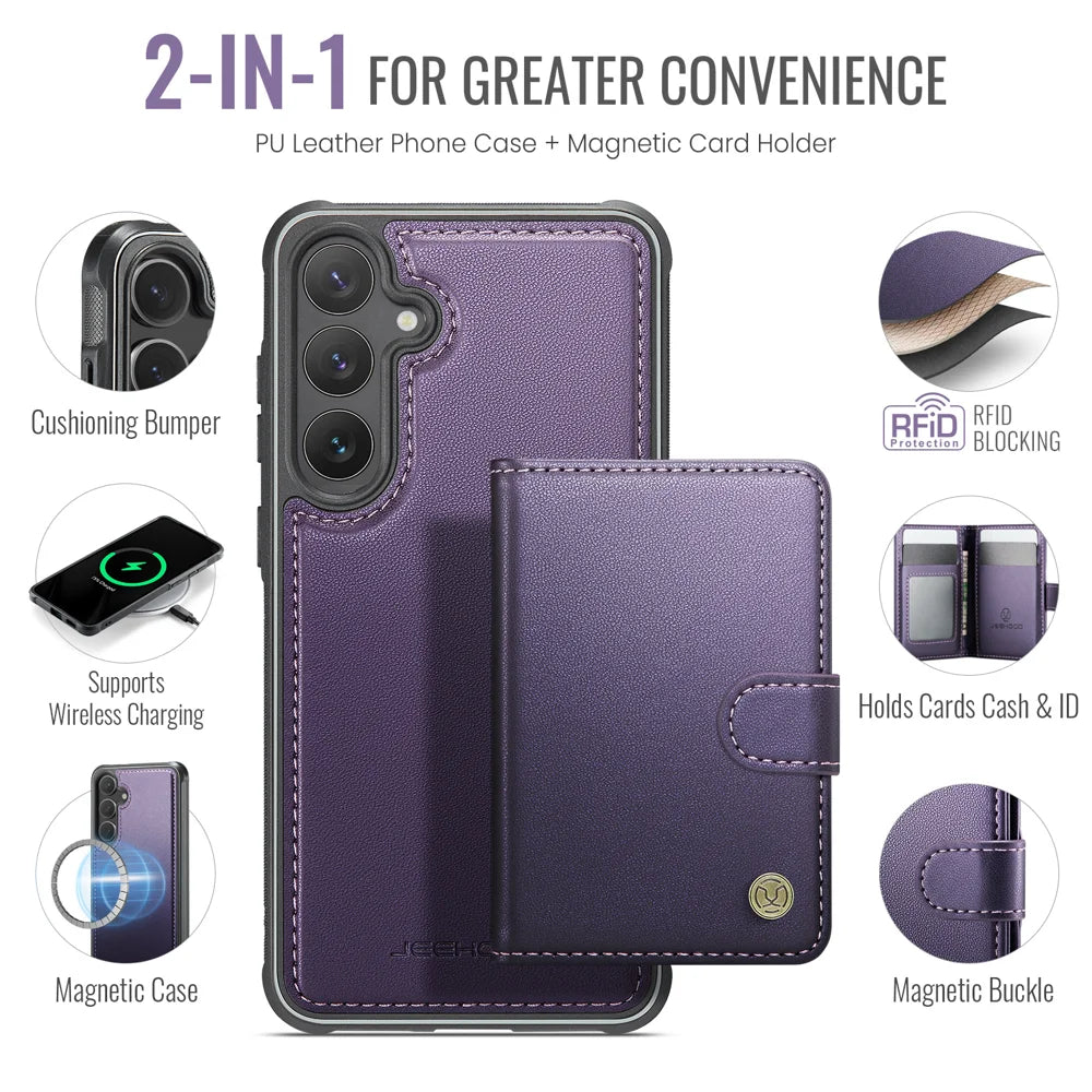 JEEHOOD For Samsung Galaxy S25 Case  J09 RFID Blocking Card Holder Leather Back Phone Cover Magnetic Case - Purple - 2
