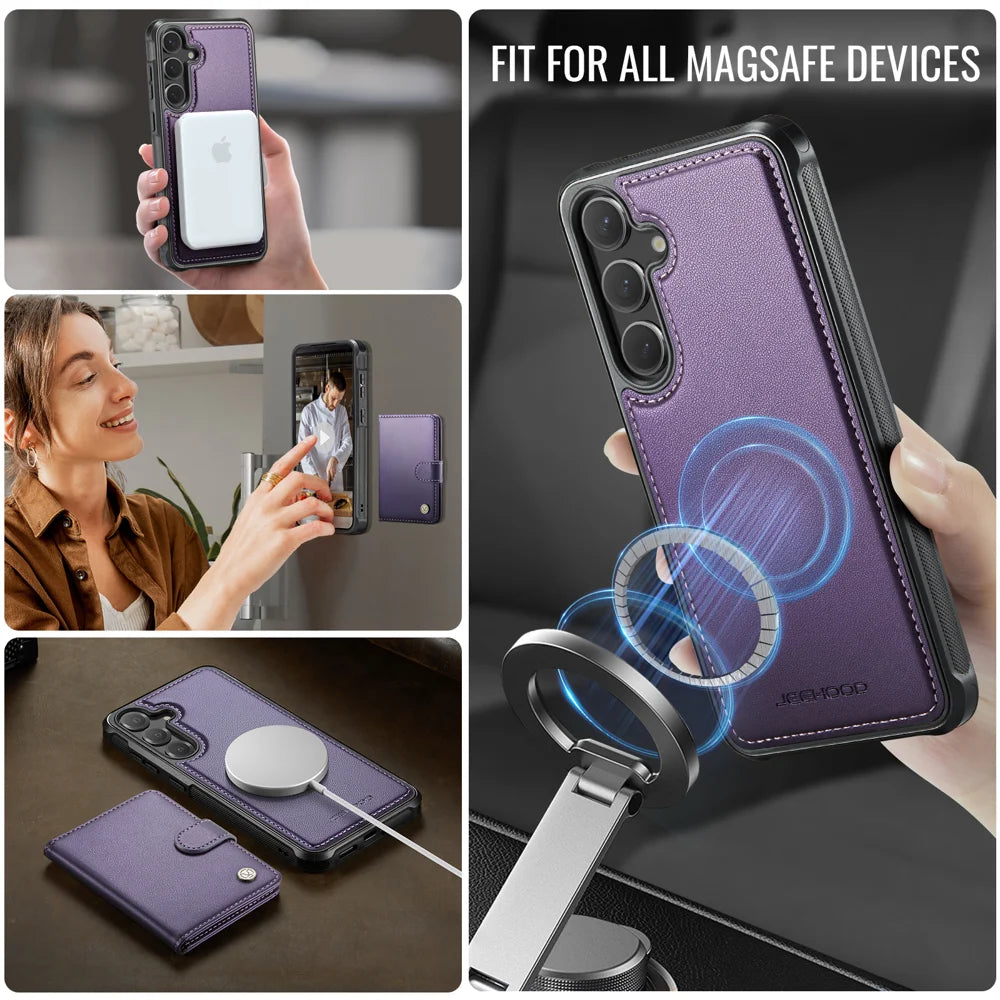 JEEHOOD For Samsung Galaxy S25 Case  J09 RFID Blocking Card Holder Leather Back Phone Cover Magnetic Case - Purple - 6