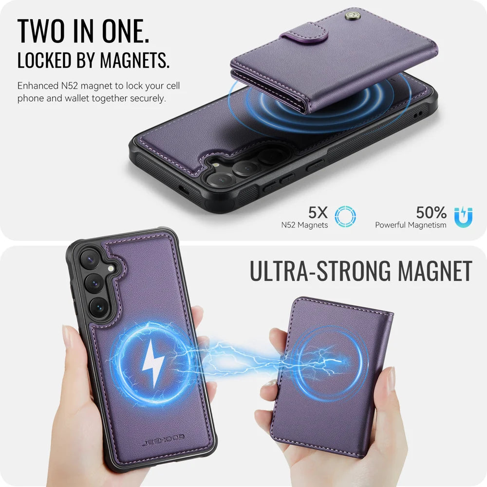 JEEHOOD For Samsung Galaxy S25 Case  J09 RFID Blocking Card Holder Leather Back Phone Cover Magnetic Case - Purple - 7