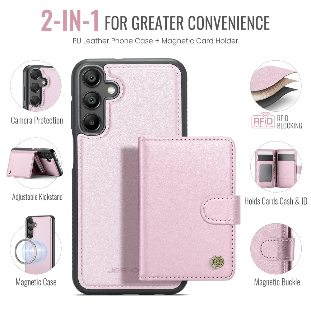 JEEHOOD For Samsung Galaxy A15 5G / Galaxy A15 4G Case  J09 RFID Blocking Card Holder Leather Back Phone Cover Magnetic Case - Pink - 2