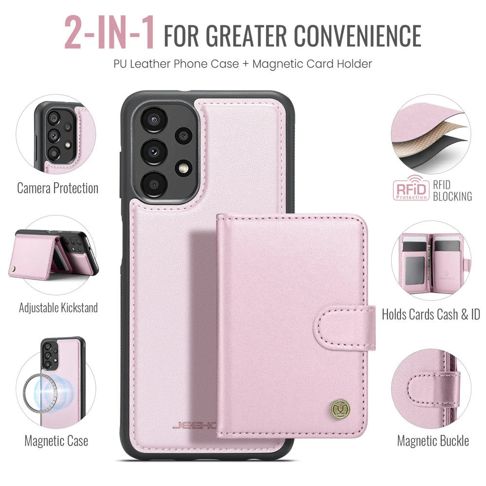 JEEHOOD For Samsung Galaxy A13 4G / Galaxy A04s 5G / Galaxy A13 5G Case  J09 RFID Blocking Card Holder Leather Back Phone Cover Magnetic Case - Pink - 2