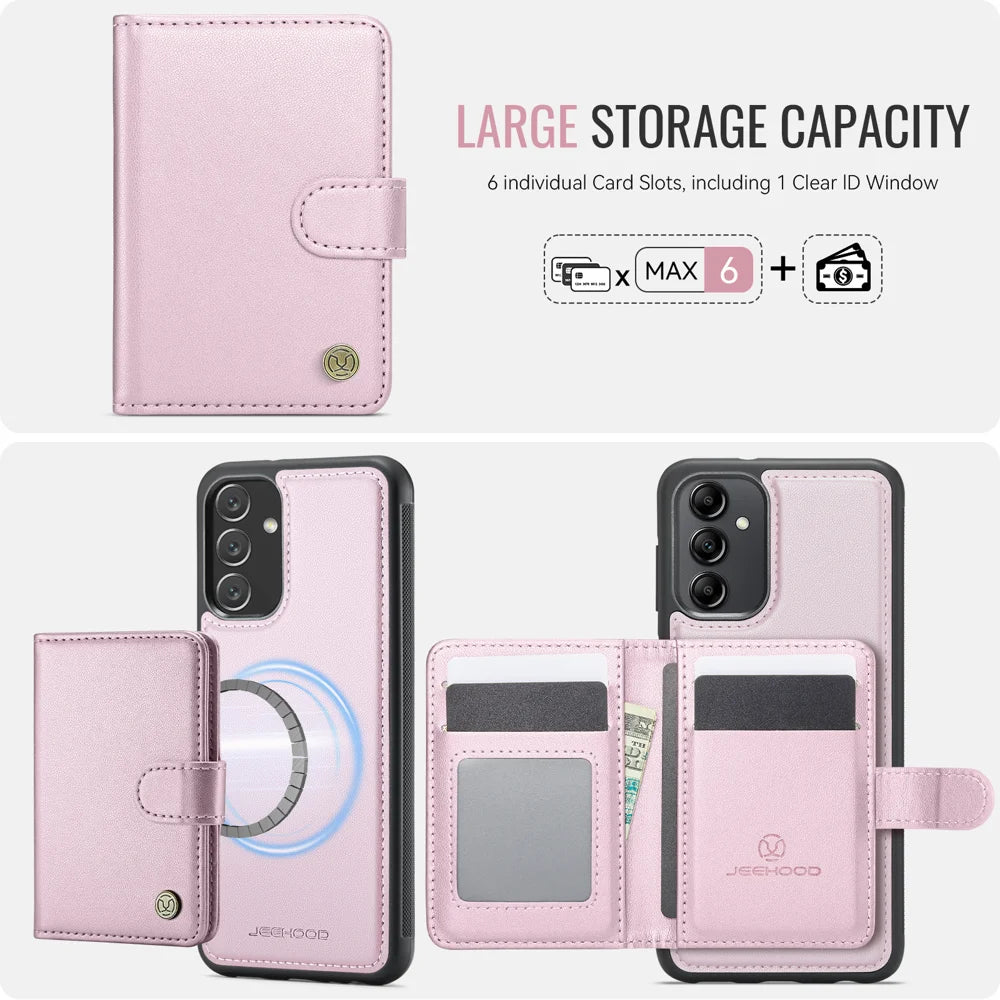 JEEHOOD For Samsung Galaxy A14 5G / Galaxy M44 5G / Galaxy A14 4G Case  J09 RFID Blocking Card Holder Leather Back Phone Cover Magnetic Case - Pink - 3