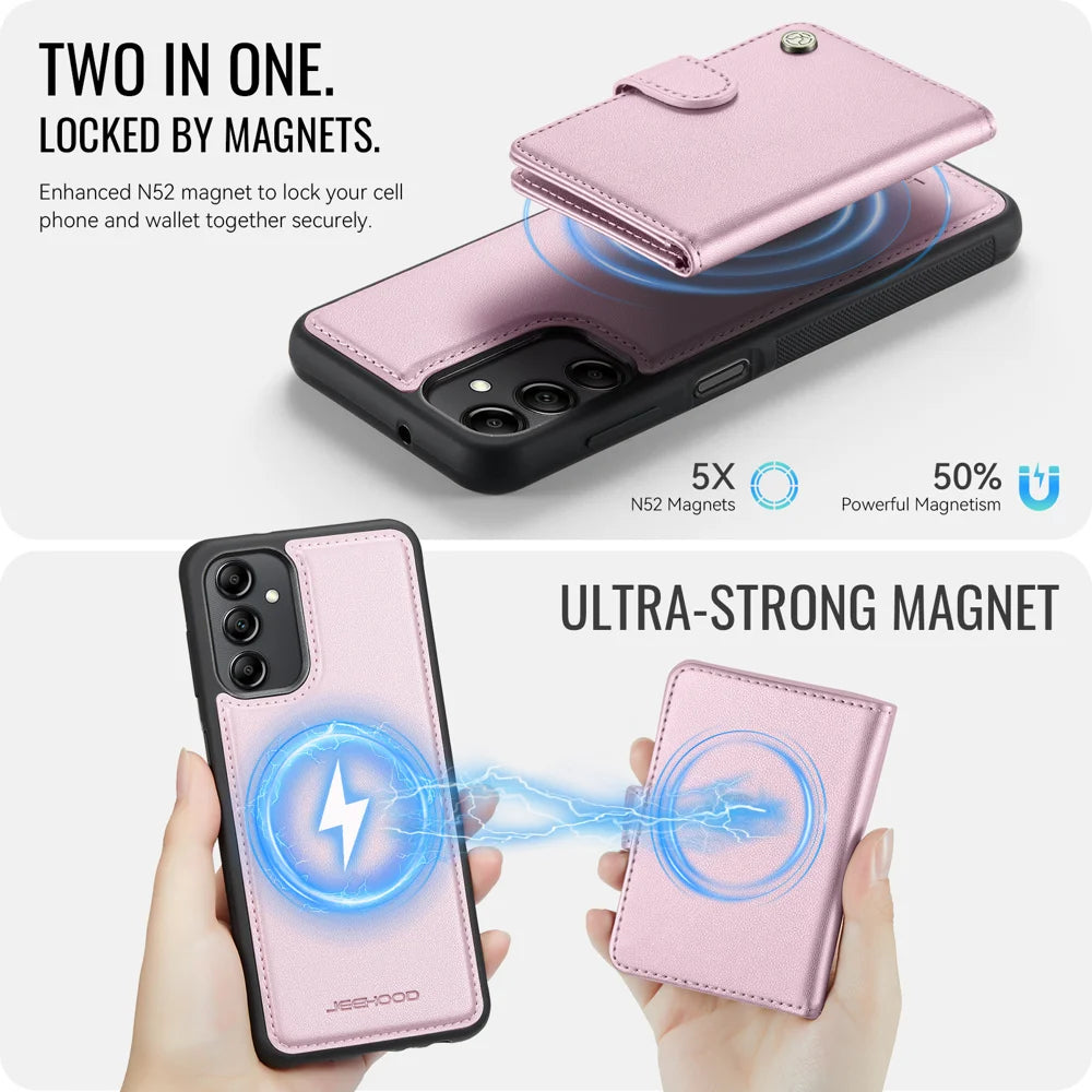 JEEHOOD For Samsung Galaxy A14 5G / Galaxy M44 5G / Galaxy A14 4G Case  J09 RFID Blocking Card Holder Leather Back Phone Cover Magnetic Case - Pink - 7