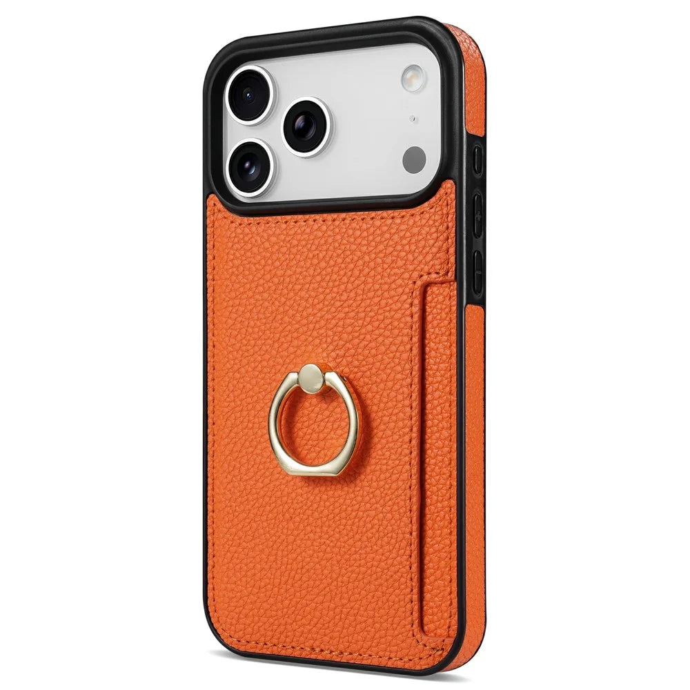 For iPhone 18 Pro Max / 17 Pro Max Case Ring Kickstand PU + TPU Card Holder Phone Cover - Orange - 1