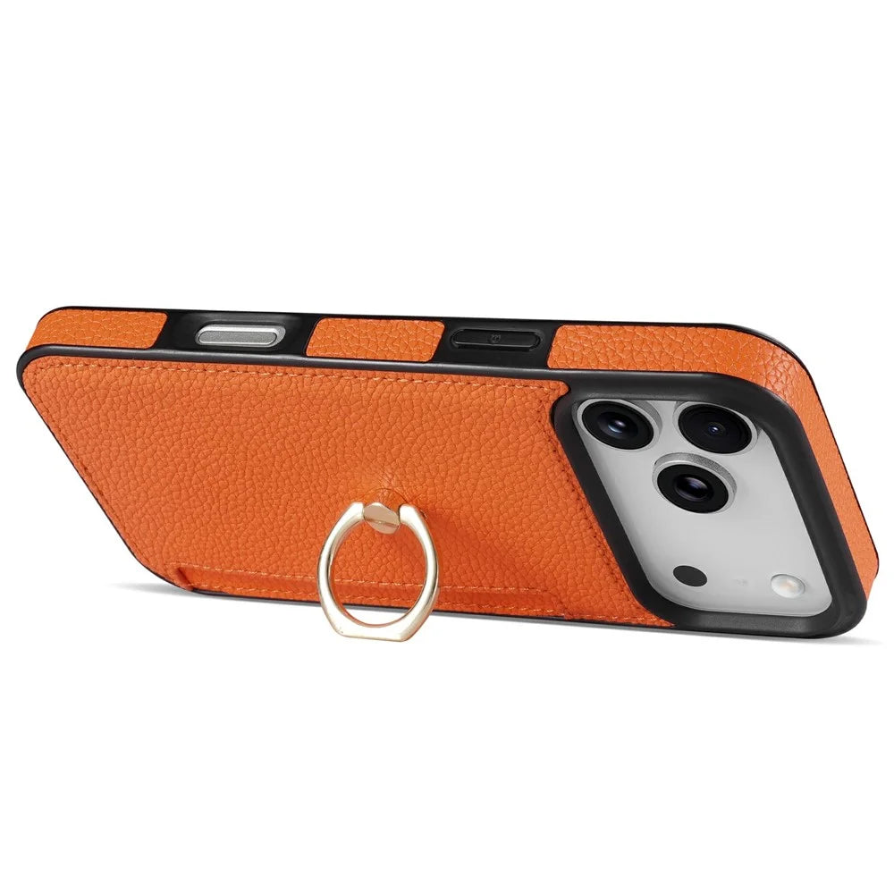For iPhone 18 Pro Max / 17 Pro Max Case Ring Kickstand PU + TPU Card Holder Phone Cover - Orange - 3