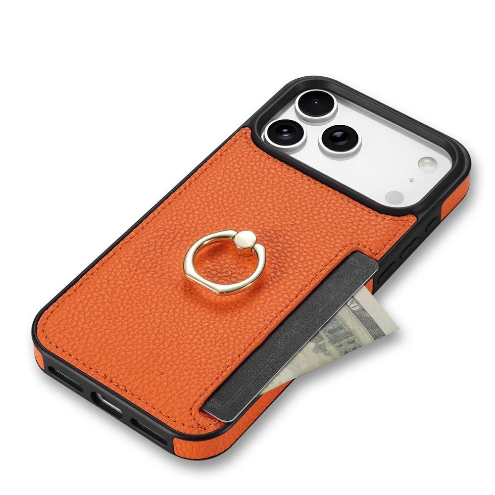 For iPhone 18 Pro Max / 17 Pro Max Case Ring Kickstand PU + TPU Card Holder Phone Cover - Orange - 4