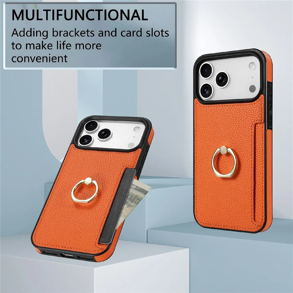 For iPhone 18 Pro Max / 17 Pro Max Case Ring Kickstand PU + TPU Card Holder Phone Cover - Orange - 5