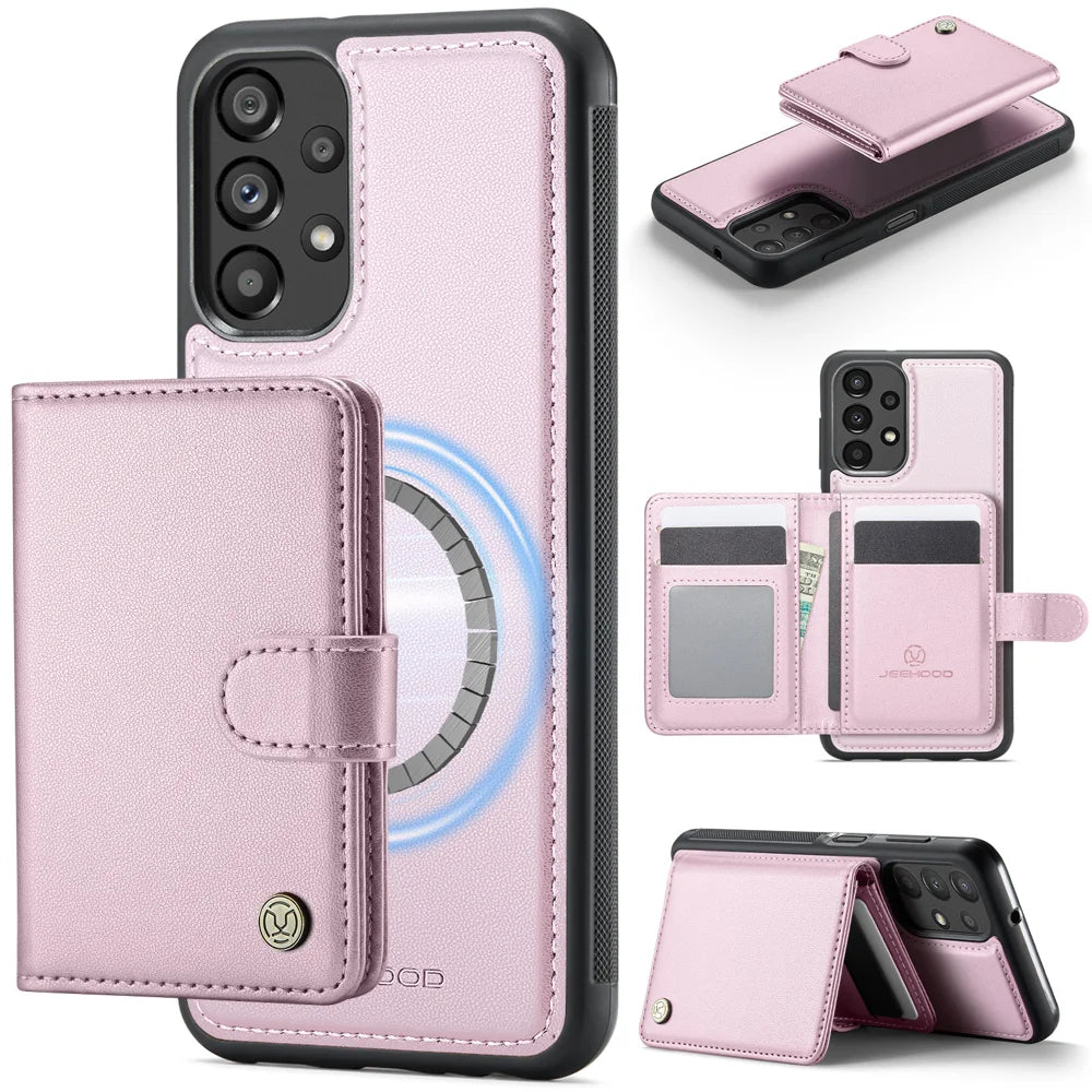 JEEHOOD For Samsung Galaxy A23 5G (Global) / Galaxy A23 4G Case  J09 RFID Blocking Card Holder Leather Back Phone Cover Magnetic Case - Pink - 1