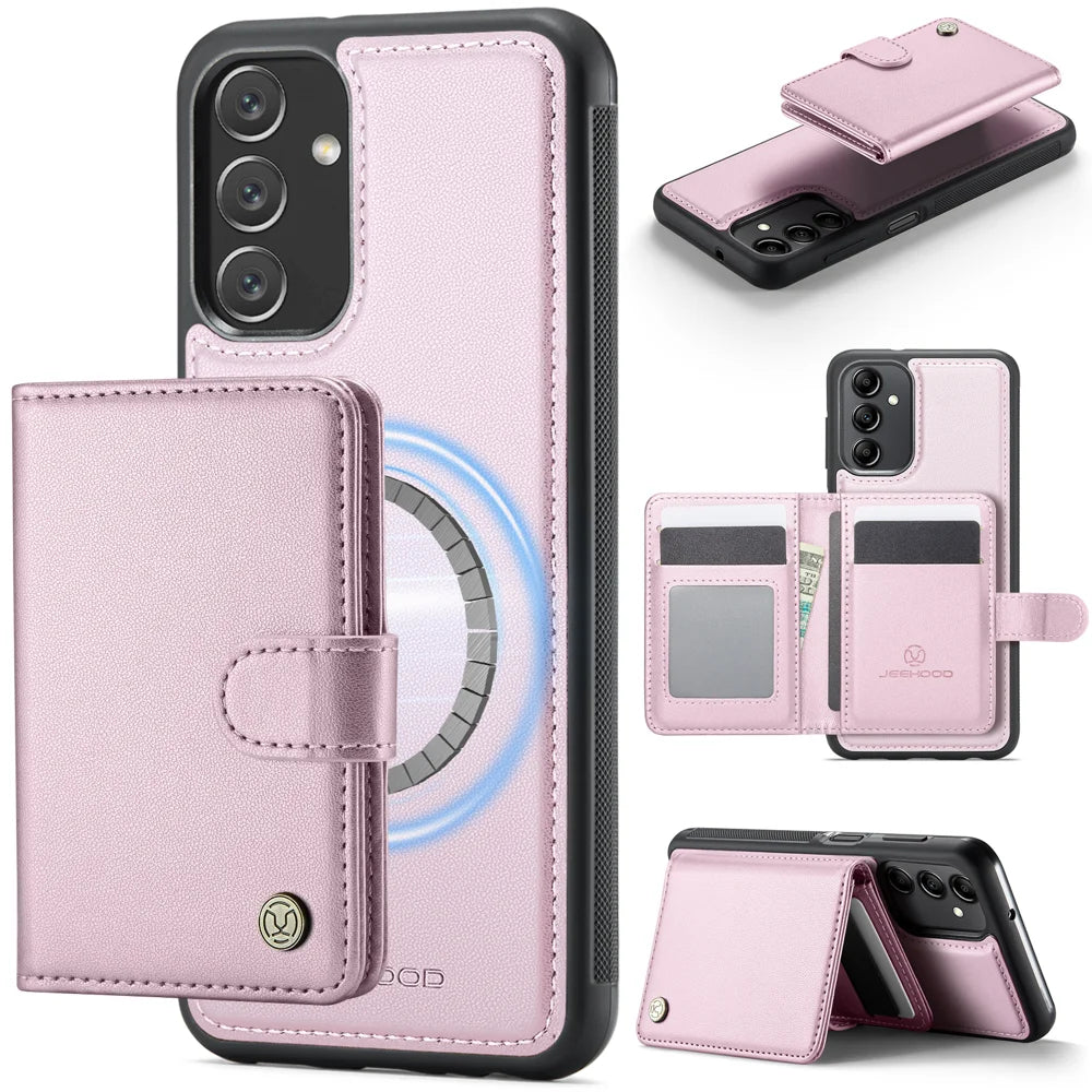 JEEHOOD For Samsung Galaxy A24 4G (162.1mm) Case  J09 RFID Blocking Card Holder Leather Back Phone Cover Magnetic Case - Pink - 1