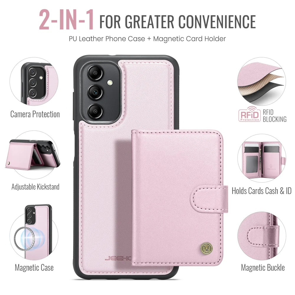 JEEHOOD For Samsung Galaxy A24 4G (162.1mm) Case  J09 RFID Blocking Card Holder Leather Back Phone Cover Magnetic Case - Pink - 2