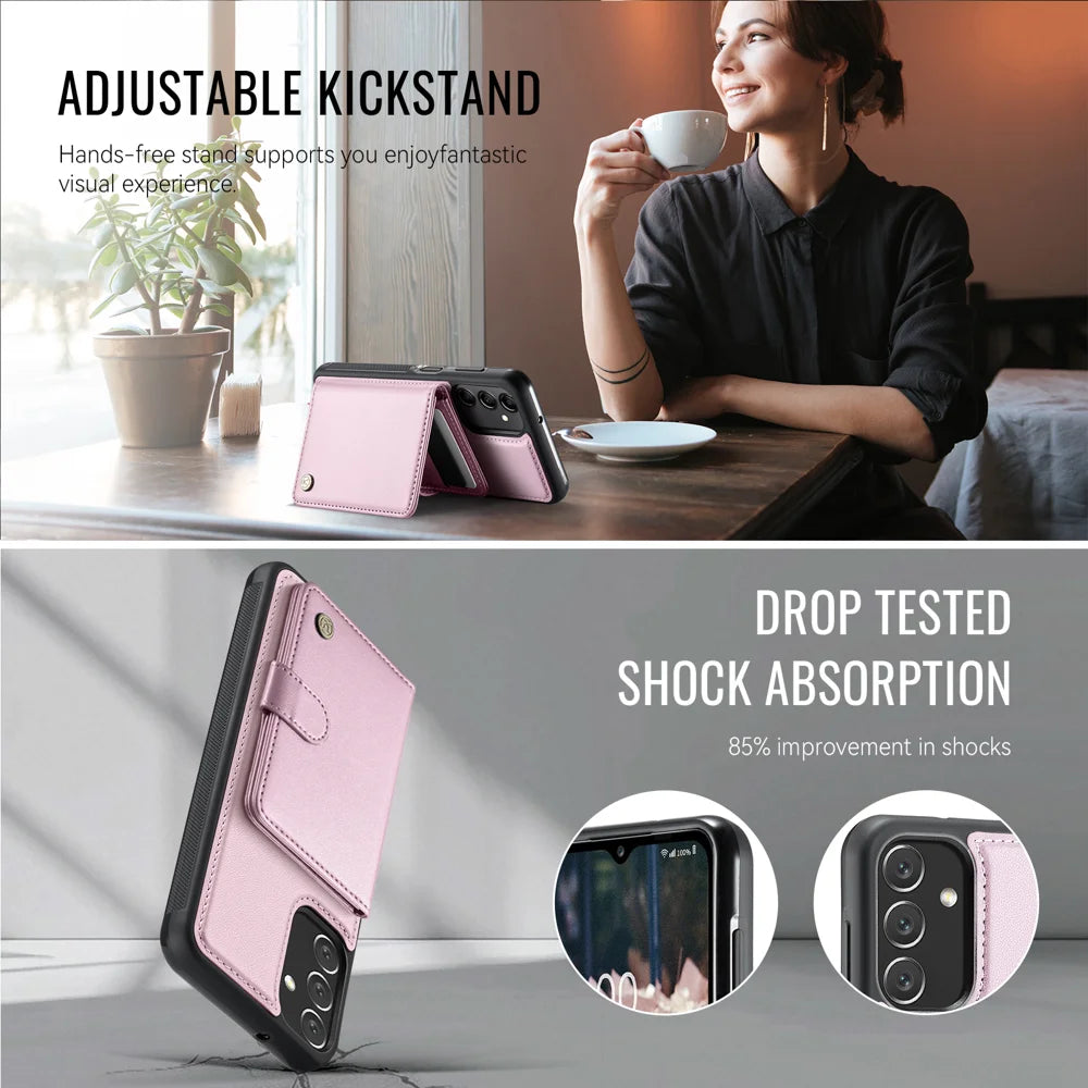 JEEHOOD For Samsung Galaxy A24 4G (162.1mm) Case  J09 RFID Blocking Card Holder Leather Back Phone Cover Magnetic Case - Pink - 4