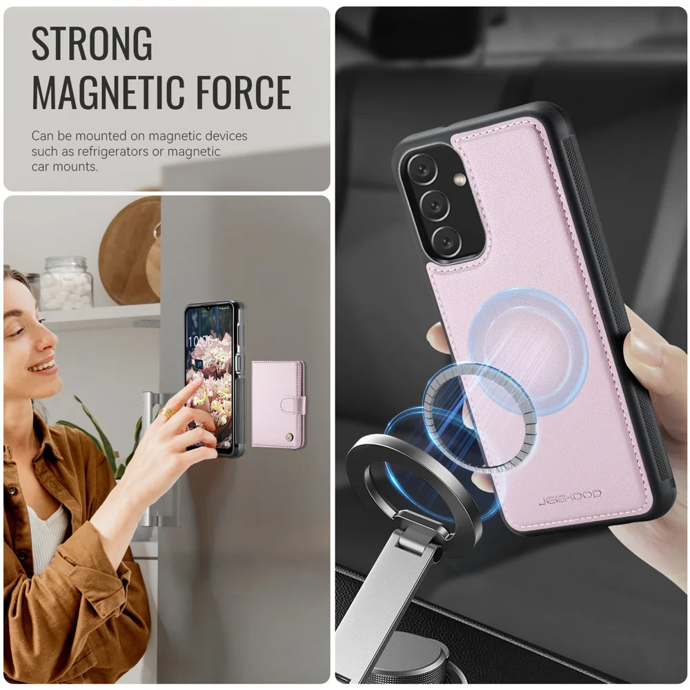 JEEHOOD For Samsung Galaxy A24 4G (162.1mm) Case  J09 RFID Blocking Card Holder Leather Back Phone Cover Magnetic Case - Pink - 6