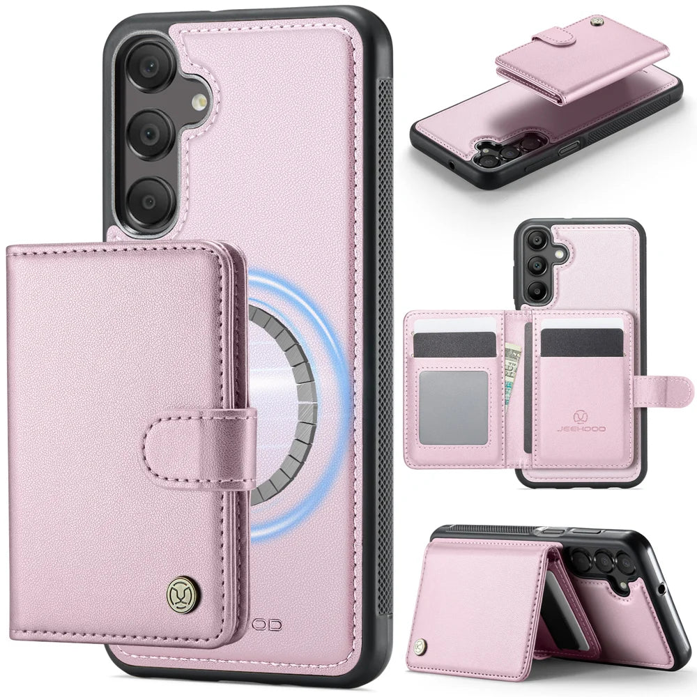 JEEHOOD For Samsung Galaxy A25 5G (Global) (161mm) Case  J09 RFID Blocking Card Holder Leather Back Phone Cover Magnetic Case - Pink - 1