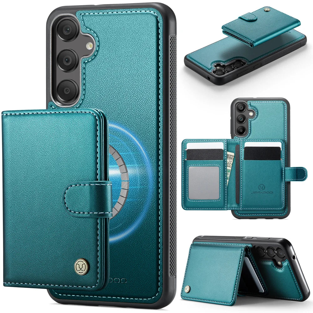 JEEHOOD For Samsung Galaxy A35 5G Case  J09 RFID Blocking Card Holder Leather Back Phone Cover Magnetic Case - Green - 1