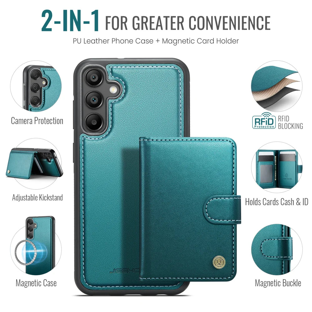 JEEHOOD For Samsung Galaxy A35 5G Case  J09 RFID Blocking Card Holder Leather Back Phone Cover Magnetic Case - Green - 2