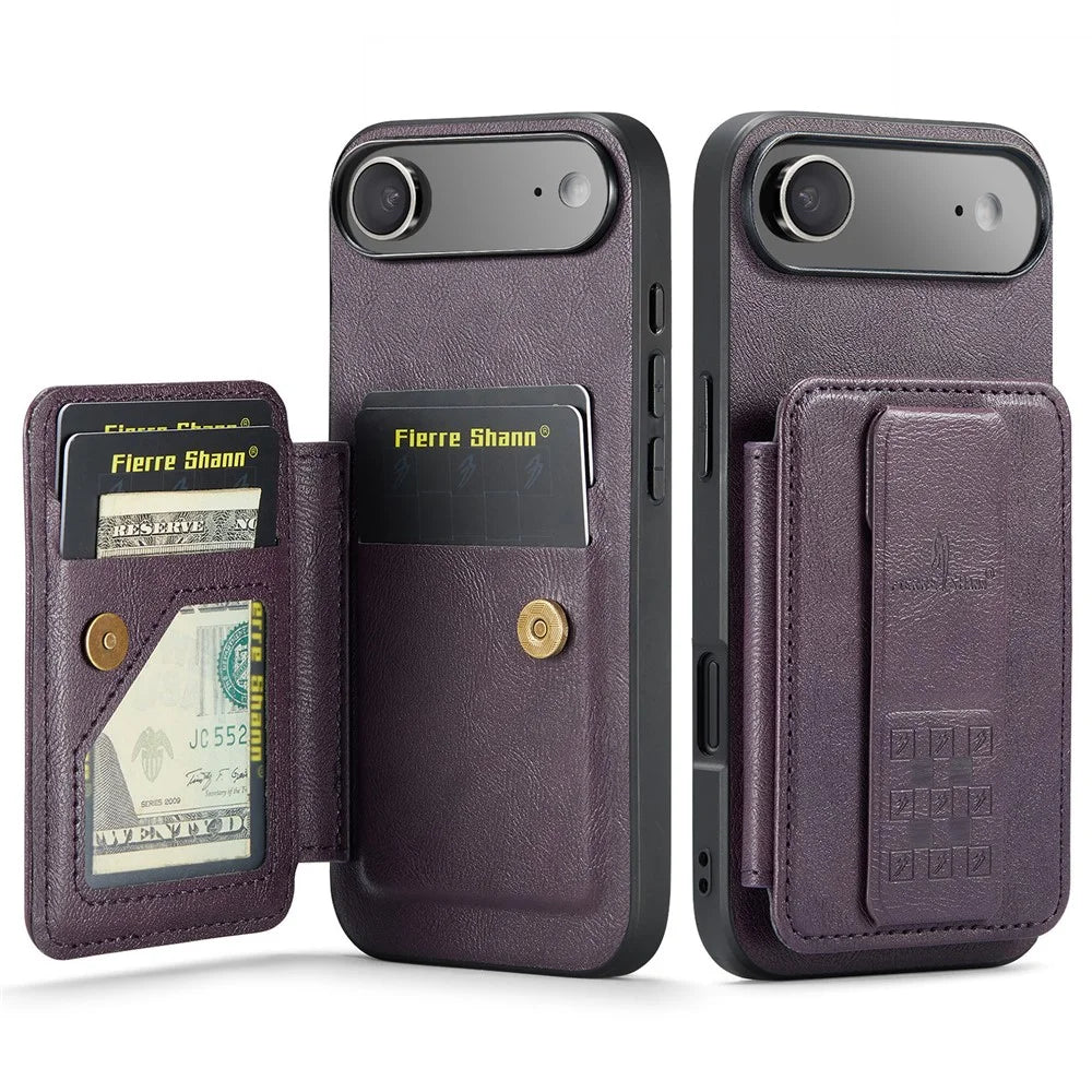 FIERRE SHANN 024 For iPhone Air Case Card Holder Kickstand Waxy Texture Leather + TPU Phone Cover - Purple - 1