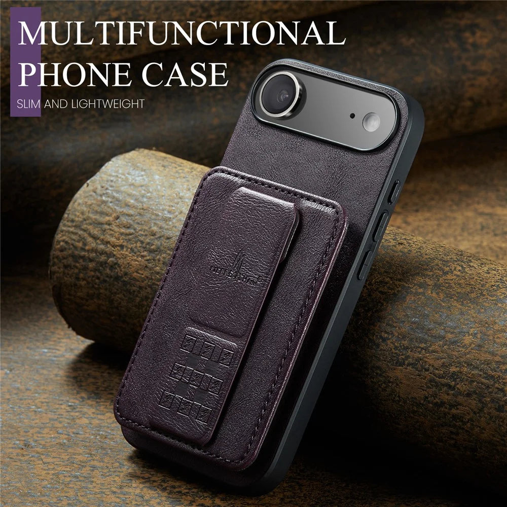 FIERRE SHANN 024 For iPhone Air Case Card Holder Kickstand Waxy Texture Leather + TPU Phone Cover - Purple - 6
