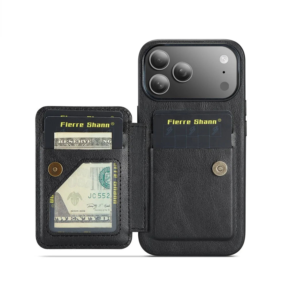 FIERRE SHANN 024 For iPhone 17 Pro Max Case Card Holder Kickstand Waxy Texture Leather + TPU Phone Cover - Black - 3