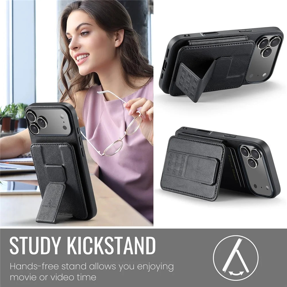 FIERRE SHANN 024 For iPhone 17 Pro Max Case Card Holder Kickstand Waxy Texture Leather + TPU Phone Cover - Black - 5