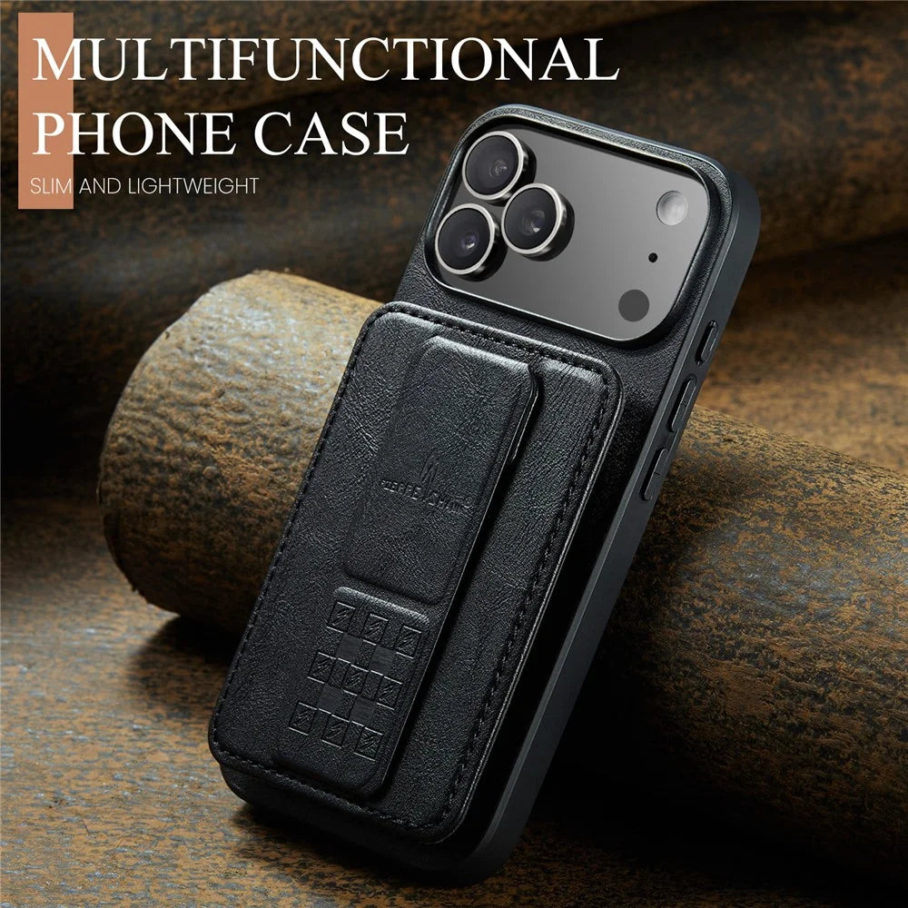 FIERRE SHANN 024 For iPhone 17 Pro Max Case Card Holder Kickstand Waxy Texture Leather + TPU Phone Cover - Black - 6