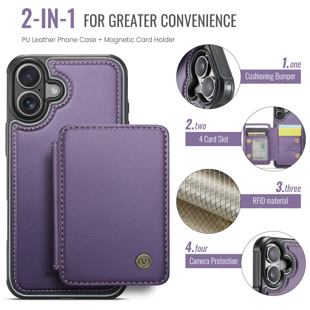 JEEHOOD For iPhone 17 Case  J05 Leather Mobile Cover with Detachable Magnetic Card Bag - Purple - 2