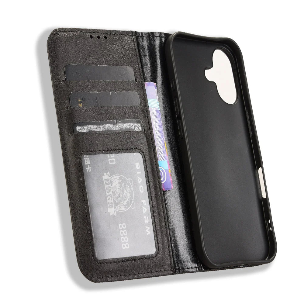 For iPhone 17 Leather Case Wallet Stand Retro Texture Phone Cover - Black - 5