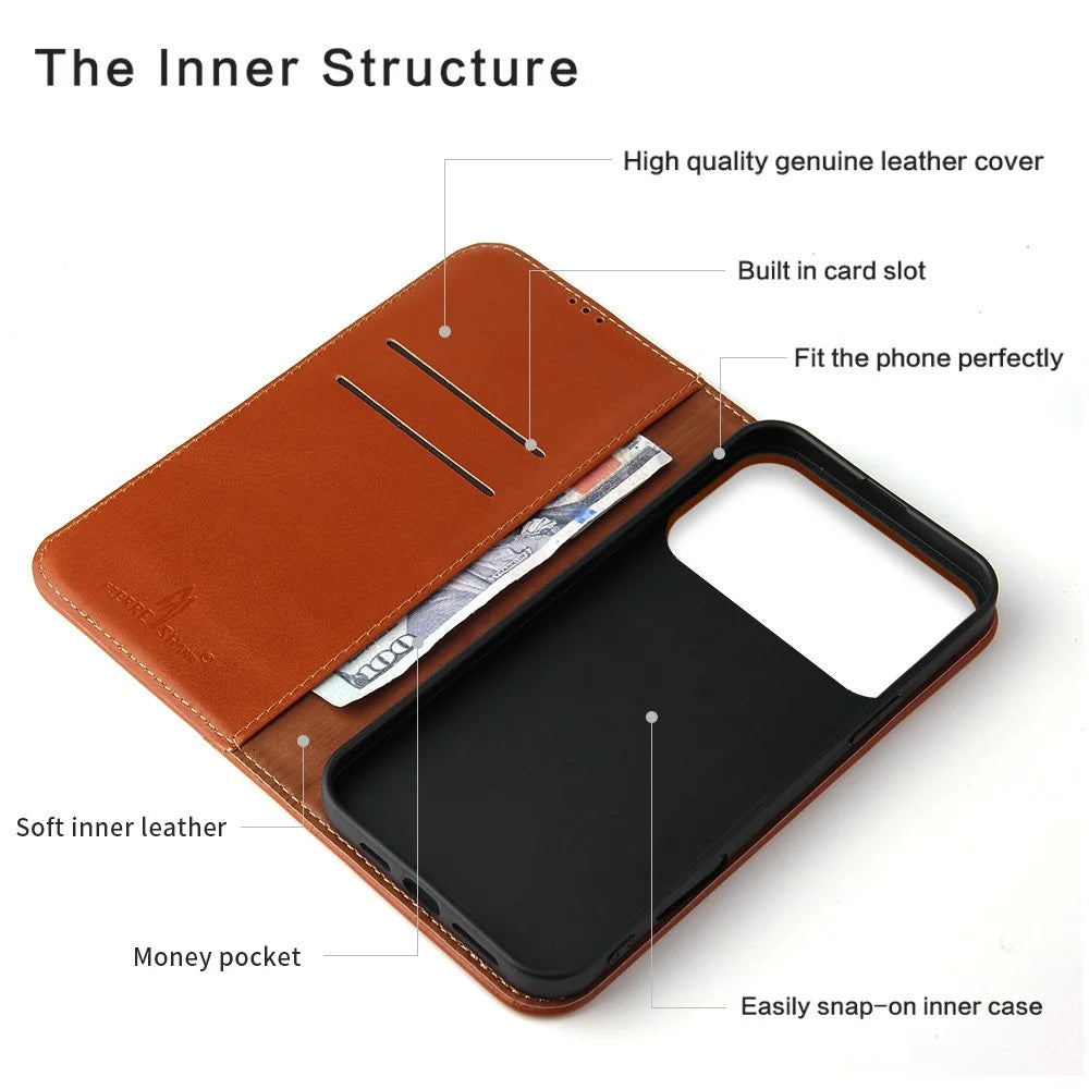 FIERRE SHANN For iPhone 17 Pro Case Wallet Stitching Craft Genuine Cow Leather Phone Cover - Brown - 4