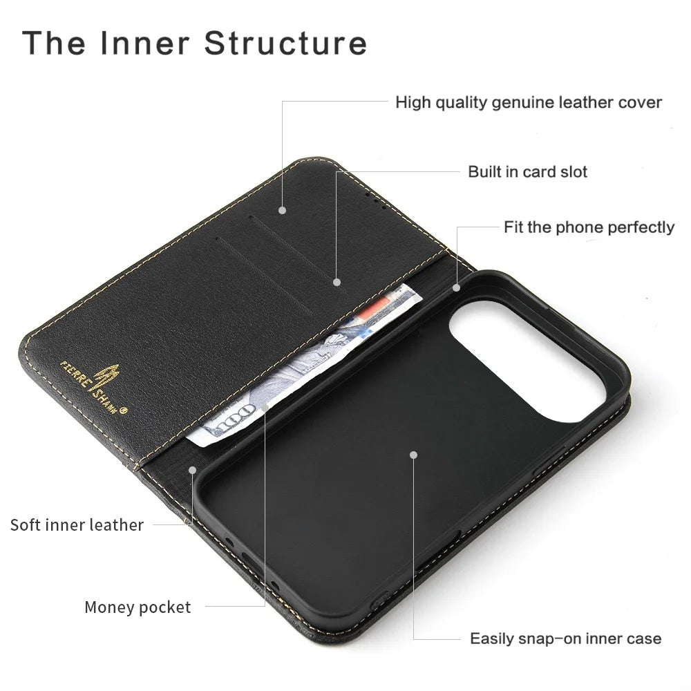 FIERRE SHANN For iPhone Air Case Wallet Stitching Craft Genuine Cow Leather Phone Cover - Black - 4