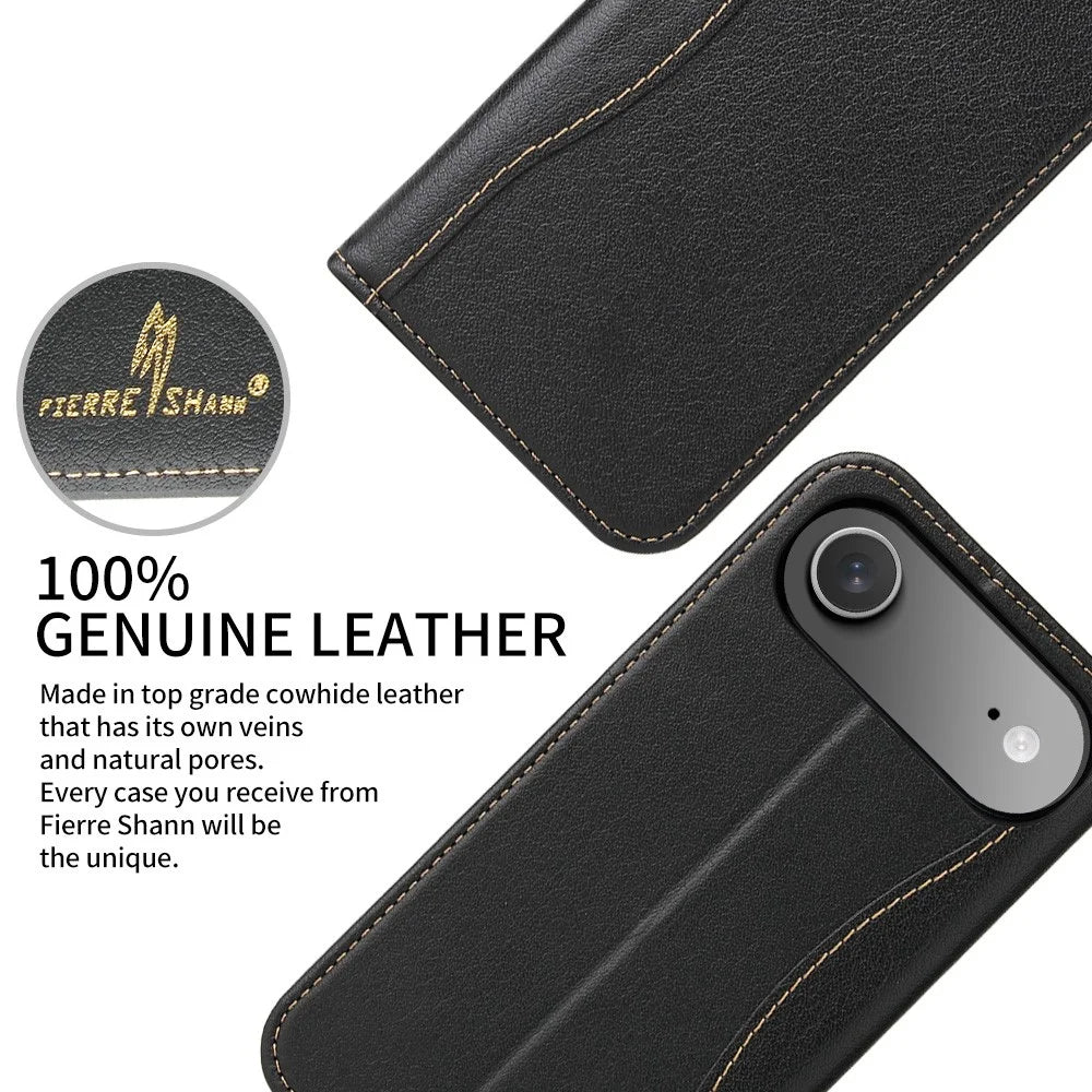 FIERRE SHANN For iPhone Air Case Wallet Stitching Craft Genuine Cow Leather Phone Cover - Black - 5