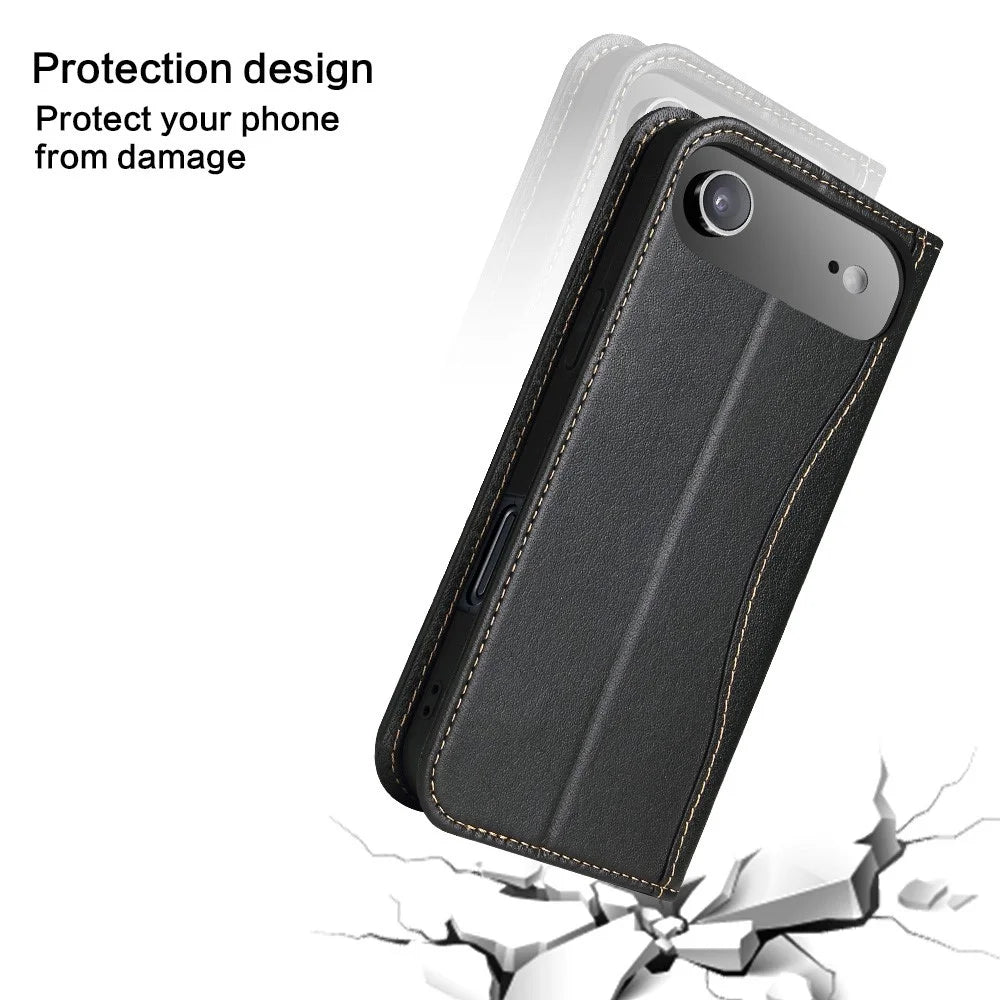 FIERRE SHANN For iPhone Air Case Wallet Stitching Craft Genuine Cow Leather Phone Cover - Black - 6