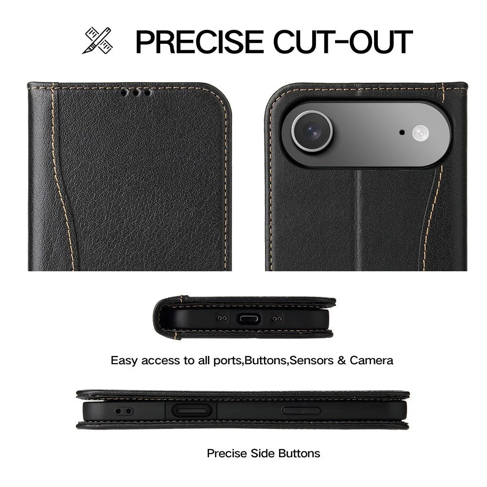 FIERRE SHANN For iPhone Air Case Wallet Stitching Craft Genuine Cow Leather Phone Cover - Black - 7