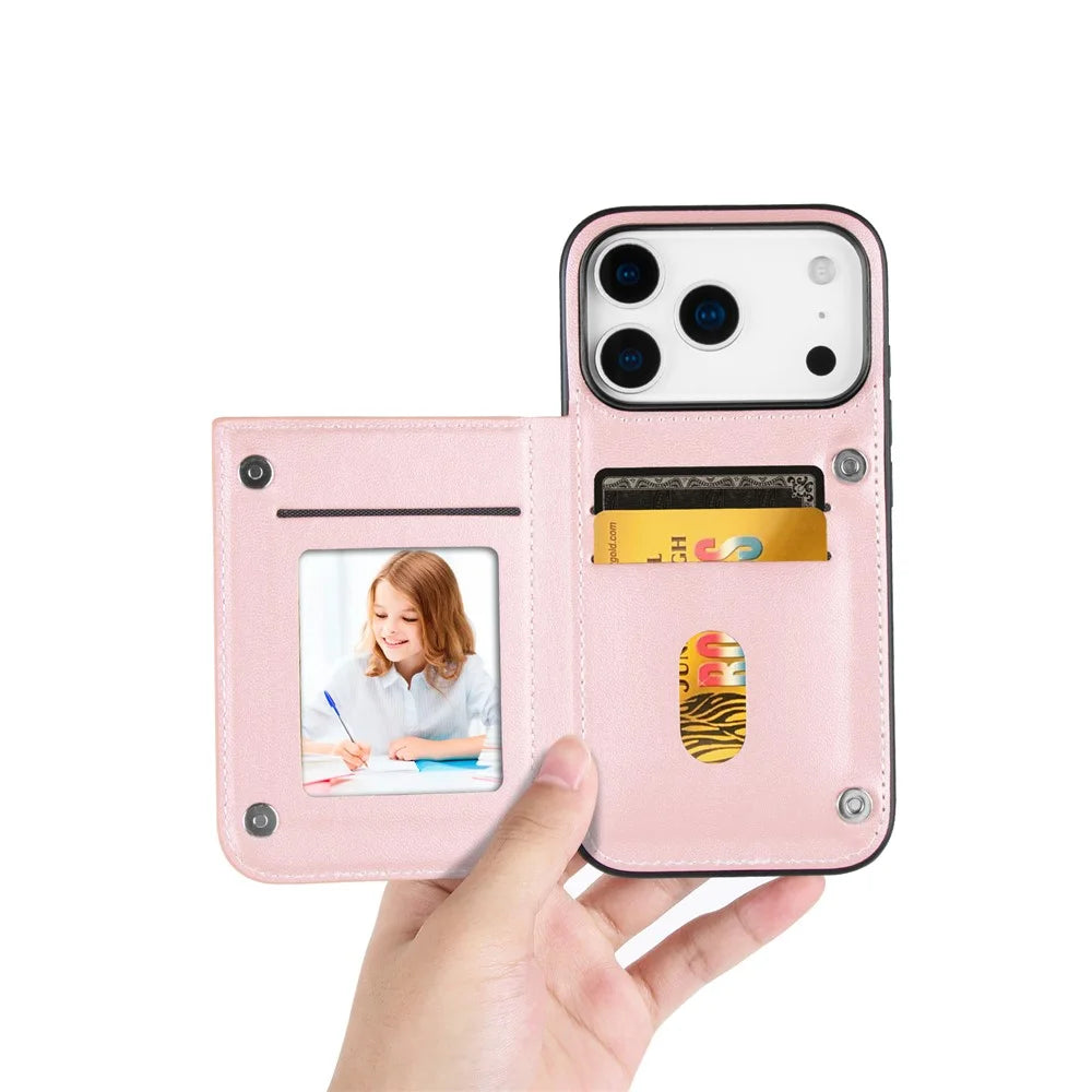 HANMAN Mika Series For iPhone 17 Pro Max Case with Card Holder PU Leather + TPU Back Cover - Rose Gold - 3