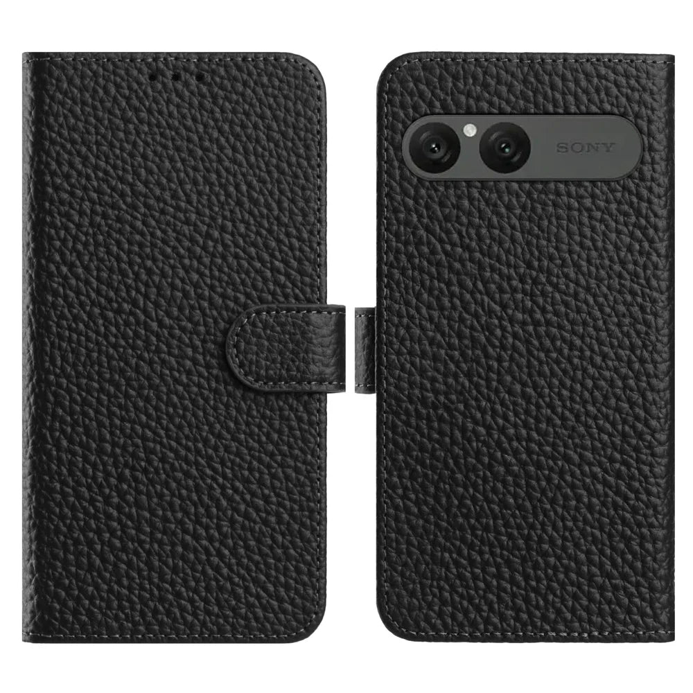 For Sony Xperia 10 VII Case Wallet Stand Litchi Texture Genuine Cow Leather Flip Phone Cover - Black - 1