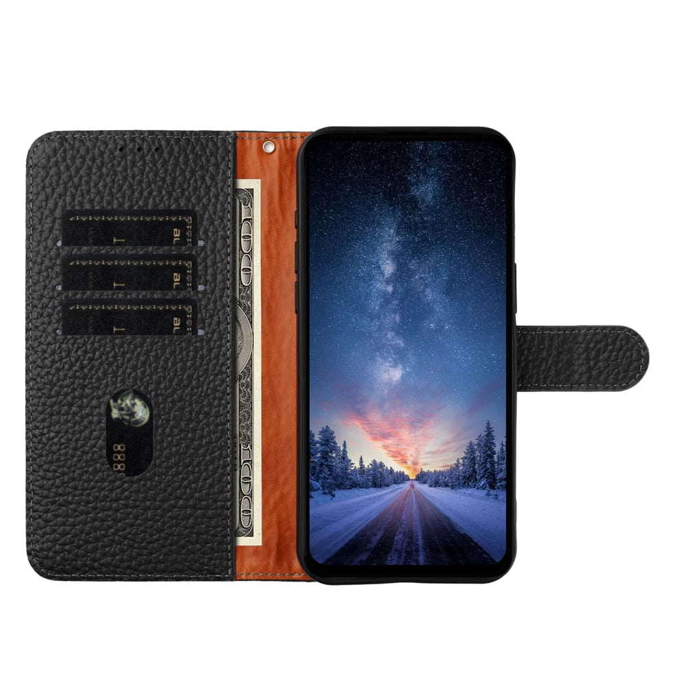 For Sony Xperia 10 VII Case Wallet Stand Litchi Texture Genuine Cow Leather Flip Phone Cover - Black - 7