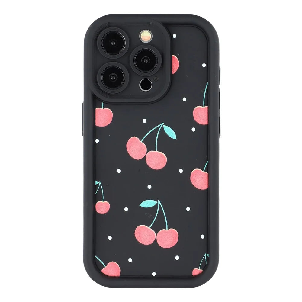 For iPhone 12 Pro Max Case Aesthetic Pattern Print TPU Shockproof Phone Cover - Cherry / Black - 3