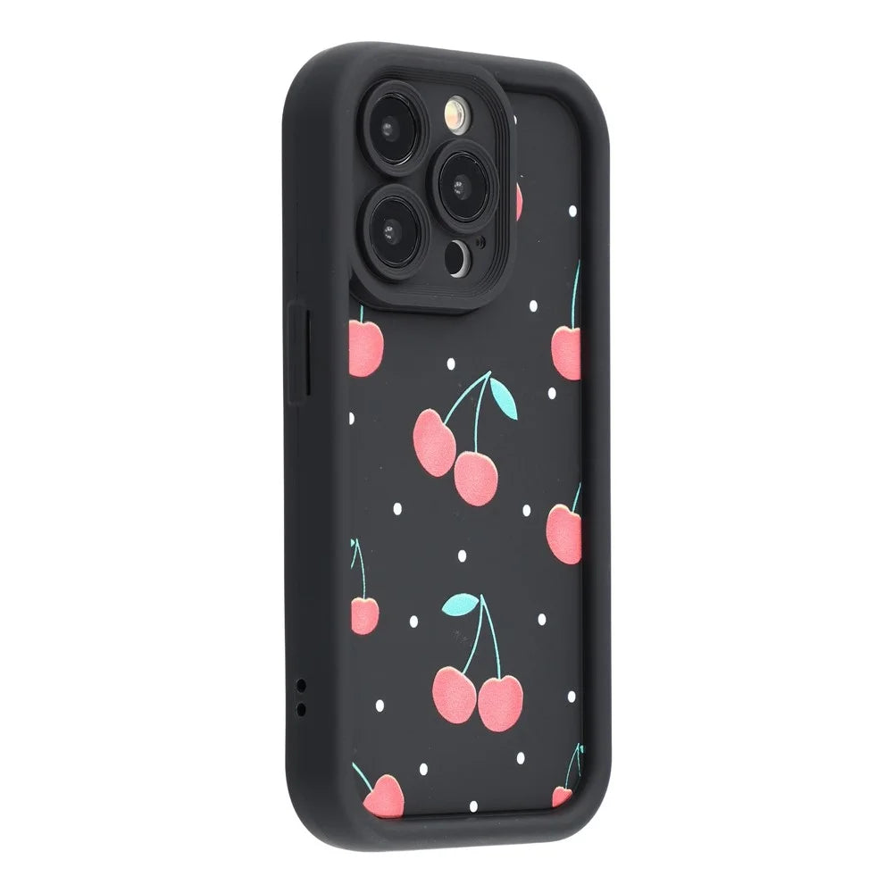For iPhone 13 Pro Max Case Aesthetic Pattern Print TPU Shockproof Phone Cover - Cherry / Black - 1