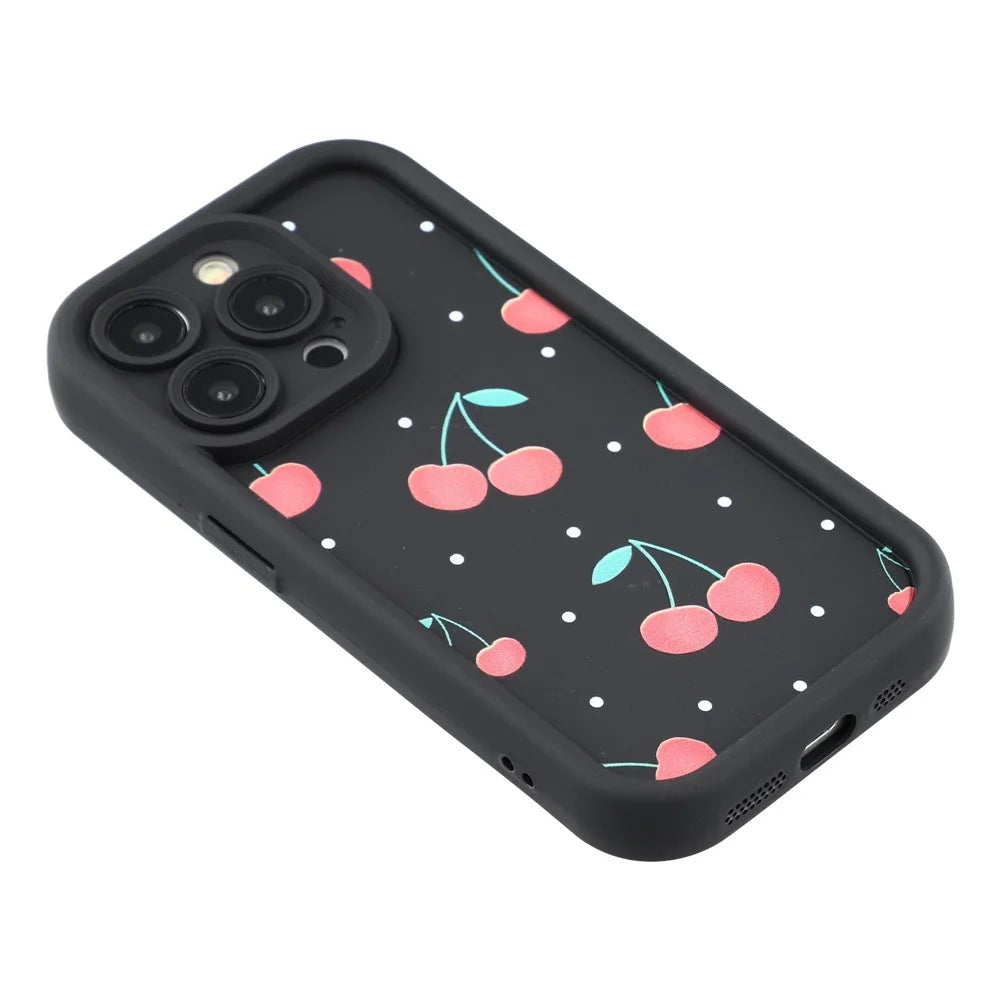 For iPhone 14 Pro Case Aesthetic Pattern Print TPU Shockproof Phone Cover - Cherry / Black - 4