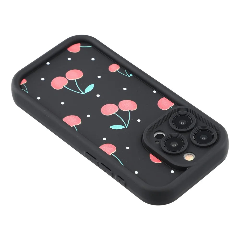 For iPhone 14 Pro Case Aesthetic Pattern Print TPU Shockproof Phone Cover - Cherry / Black - 5