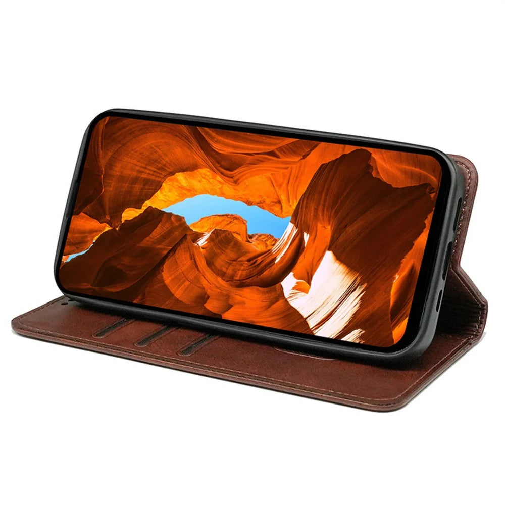 For T-Mobile REVVL 8 Case Hidden Magnetic Closure Calf Texture Leather Phone Cover - Brown - 3