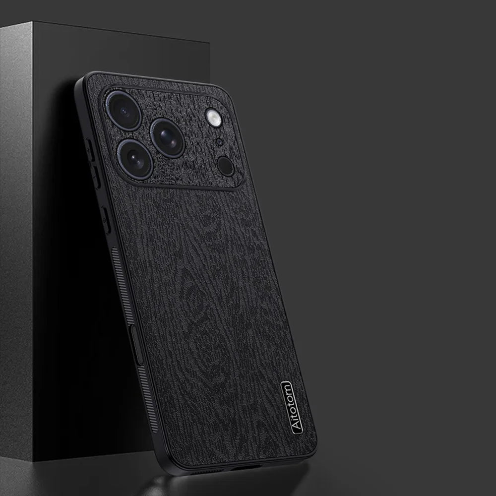 For iPhone 17 Pro Case Wood Texture PU Leather Coated PC TPU Phone Cover - Black - 2