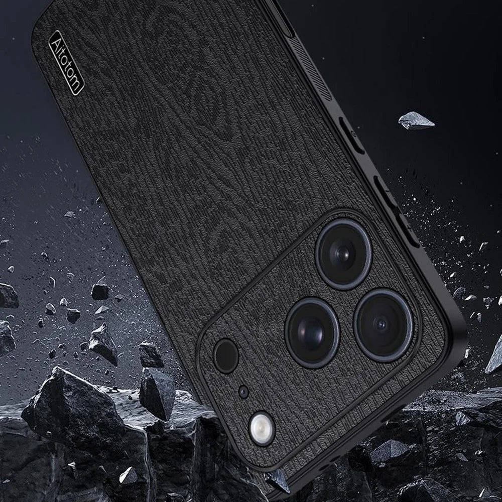 For iPhone 17 Pro Case Wood Texture PU Leather Coated PC TPU Phone Cover - Black - 4
