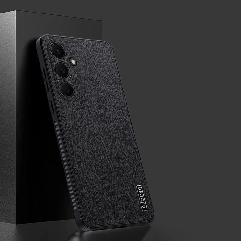 For Samsung Galaxy S25 FE Case Wood Texture PU Leather Coated PC TPU Phone Cover - Black - 2